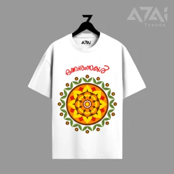 Onam Pookalam Graphic White T-Shirt | Traditional Malayalam Typography Tee